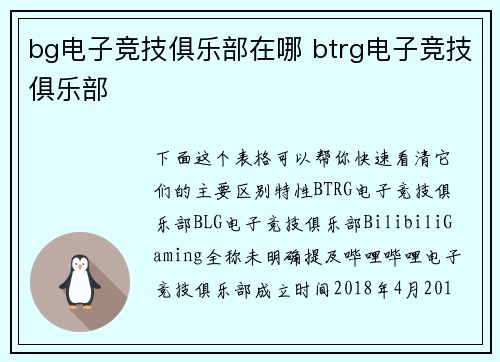 bg电子竞技俱乐部在哪 btrg电子竞技俱乐部